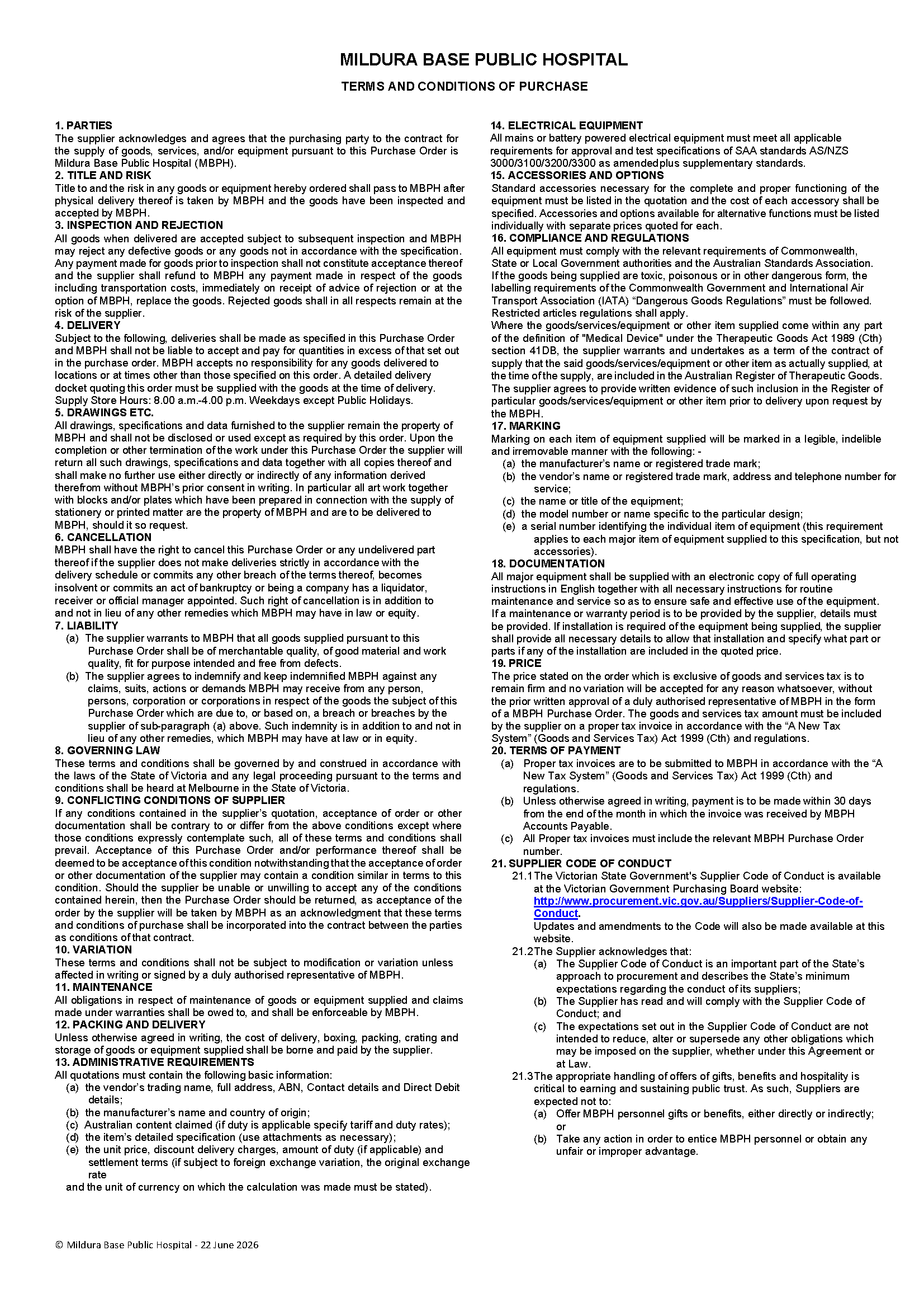 MBPH Purchase Order Conditions (2026)